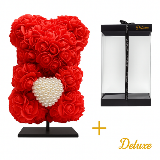 Luxe rode foam beer op standaard met diamanten hart – 25 cm in cadeauverpakking